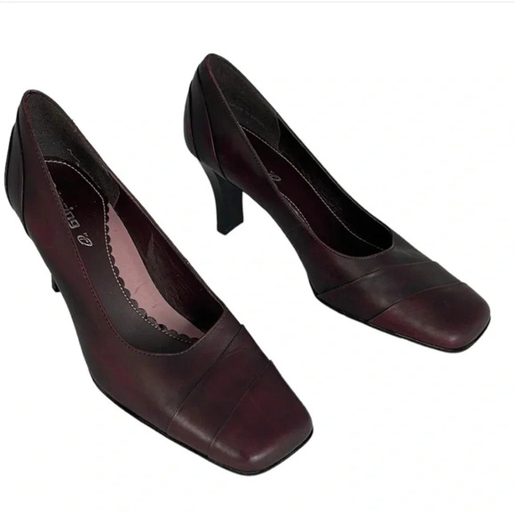 VINTAGE Y2K Spring Square Toe Pumps Wine Maroon Genuine Leather Shoes Heels 36 - Picture 2 of 13